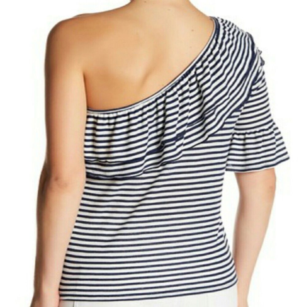 Ro & De Navy Blue & White Stripe One Shoulder Ruffle Knit Top Size Medium NWT - Picture 2 of 8